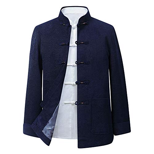 G-LIKE Frühling Herbst Herren Jacke – Traditionelle Chinesische Tangzhuang Kleidung Langärmelige Gewirkte Warme Uniform Festtagskleidung für Männer zu Geburtstag Bankett Hochzeit - Cord (Blau, XL) von G-LIKE