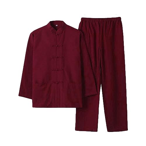 G-LIKE Herren Anzug Chinesischer Stil - Traditionelle Kampfkunst Kung Fu Tai Chi Wushu Klassisch Tangzhuang Langärmelig Hemd Hose Training Uniform Frühling Herbst Freizeit Kleidung (Rot, XXL) von G-LIKE