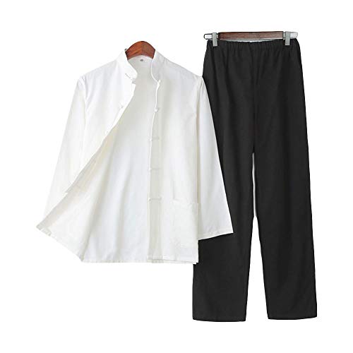 G-LIKE Herren Anzug Chinesischer Stil - Traditionelle Kampfkunst Kung Fu Tai Chi Wushu Klassisch Tangzhuang Langärmelig Hemd Hose Training Uniform Frühling Herbst Freizeit Kleidung (Weiβ&Schwarz, S) von G-LIKE