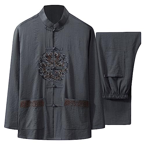 G-LIKE Herren Anzug Tangzhuang Uniform - Traditionelle Chinesische Gestickte Kleidung Kampfkunst Trainingsanzug Langärmelige Jacke elastisch Hosenbund Stehkragen – Baumwolle Leinen (Dunkelgrau, L) von G-LIKE