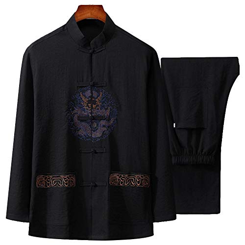 G-LIKE Herren Anzug Tangzhuang Uniform - Traditionelle Chinesische Gestickte Kleidung Kampfkunst Trainingsanzug Langärmelige Jacke elastisch Hosenbund Stehkragen – Baumwolle Leinen (Schwarz, M) von G-LIKE