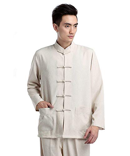 G-LIKE Herren Anzug Training Uniform - Traditionelle Chinesische Tangzhuang Kleidung Kampfkunst Kung Fu Tai Chi Wushu Lange Ärmel Jacke Hose Stickerei Stehkragen (Beige, L) von G-LIKE