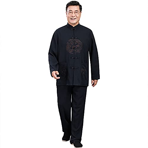 G-LIKE Herren Bestickter Tang Anzug - Chinesische Frühling Herbst Kleidung Kampfkunst Kung Fu Tai Chi Trainingsanzug Langarmhemd Hose Hanfu Uniform für Männer – Baumwolle Leinen (Dunkelblau, M) von G-LIKE