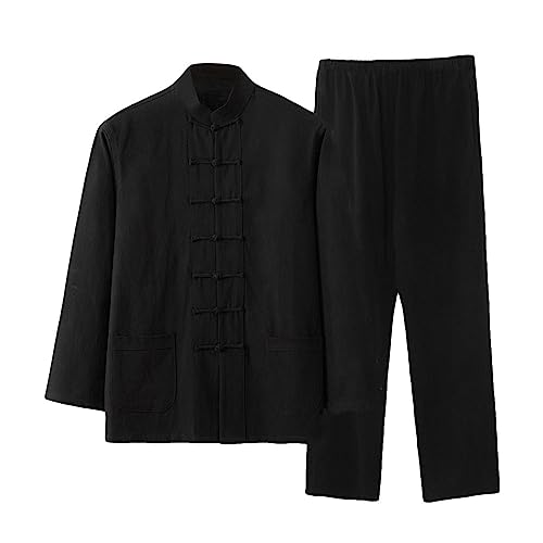 G-LIKE Herren Freizeitkleidung Chinesischer Anzug – Traditionelle Uniform Kampfkunst Trainingsanzug Langärmelig Stehkragen Jacke Hose Frühling Herbst Kleidung - Baumwolle Leinen (Schwarz, XL) von G-LIKE