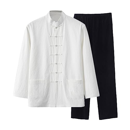 G-LIKE Herren Freizeitkleidung Chinesischer Anzug – Traditionelle Uniform Kampfkunst Trainingsanzug Langärmelig Stehkragen Jacke Hose Frühling Herbst Kleidung - Baumwolle Leinen (Weiß+Schwarz, M) von G-LIKE