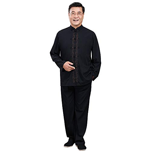 G-LIKE Herren Frühling Herbst Anzug - Traditionelle Chinesische Bestickte Kleidung Kampfkunst Tai Chi Kung Fu Trainingsanzug Langarm Jacke Hose Uniform für Männer – Baumwolle Leinen (Schwarz, XXL) von G-LIKE