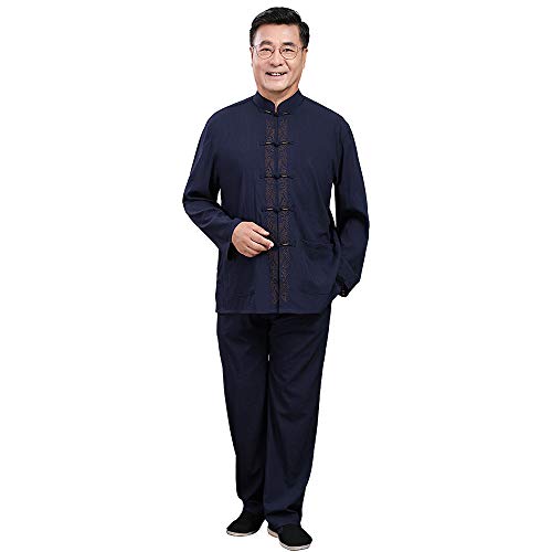 G-LIKE Herren Frühling Herbst Anzug - Traditionelle Chinesische Bestickte Kleidung Kampfkunst Tai Chi Kung Fu Trainingsanzug Langarm Jacke Hose Uniform für Männer – Baumwolle Leinen (Schwarzblau, L) von G-LIKE