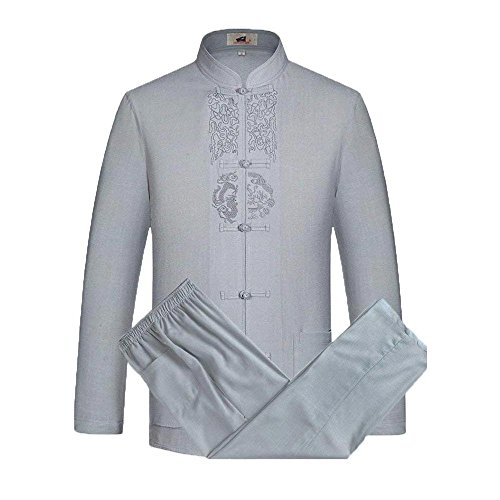 G-LIKE Herren Kung Fu Anzug - Traditionelle Chinesische Tangzhuang Kleidung Kampfkunst Tai Chi Wushu Wing Chun Lange Ärmel Jacke und Hose Orientalische Muster Stoffdruck Uniform (Grau, L) von G-LIKE