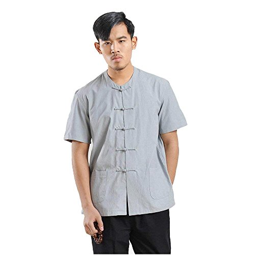 G-LIKE Herren Kung Fu Hemd - Traditionelle Chinesische Kleidung Handarbeit Tangzhuang Stil Jacke Kampfkunst Tai Chi Wing Chun Kurze Ärmel Ohne Kragen Uniform für Männer Frauen (Grau, XXL) von G-LIKE