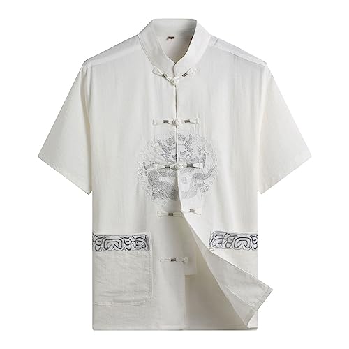 G-LIKE Herren Kurzarm Hemd Freizeithemd – Chinesische Kleidung Sommer Shirt Kampfkunst Kung Fu Tai Chi Bestickte Kurzärmelige Tops für Männer (as3, Alpha, x_l, xx_l, Regular, Regular, Weiß) von G-LIKE