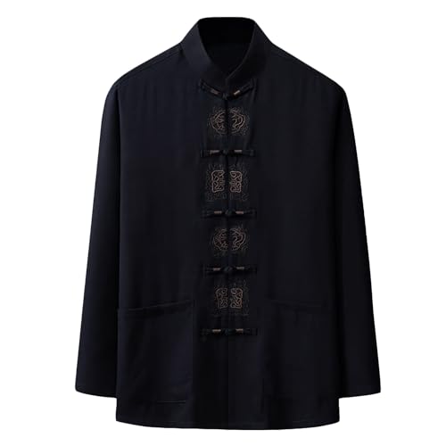 G-LIKE Herren Langarm Leinen Jacke - Traditionelle Chinesische Kampfkunst Kung Fu Taichi Training Uniform Langärmelig Gestickt Tang Stil Freizeitkleidung (Dunkelblau, XXL) von G-LIKE