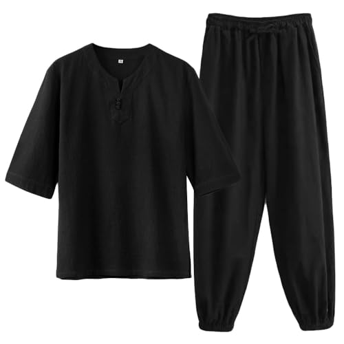 G-LIKE Herren Sommer Anzug Freizeitkleidung - Chinesischer Stil Mittelärmelig Hemd T-Shirt Hose Kampfkunst Kung Fu Trainingsanzug Frühling Herbst Baumwolle Leinen Lose Uniform für Männer von G-LIKE