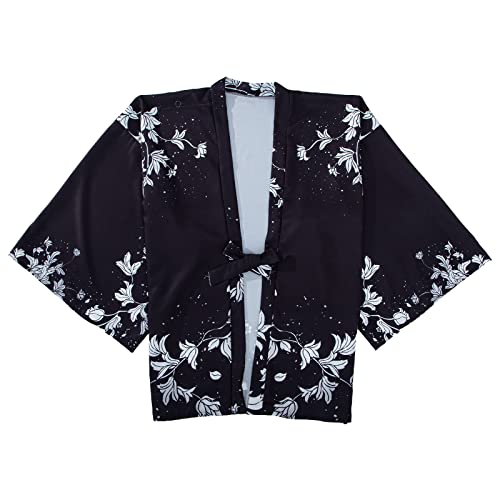 G-LIKE Japanischer Kimono Blumen Verzierung - Traditionelles Haori Federgewebe Kostüm Robe Überjacke Sonnenschutz Jacke Antiker Stil Nachthemd Bademantel Nachtwäsche für Damen Frauen (Schwarz) von G-LIKE