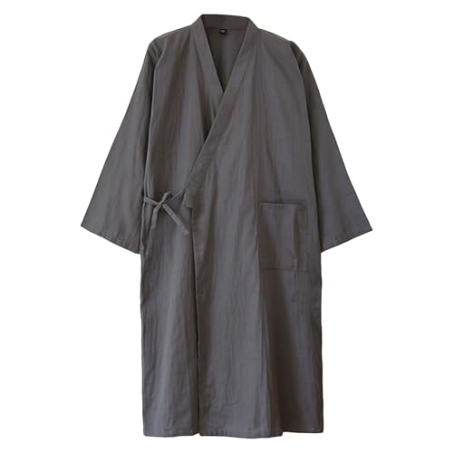 G-LIKE Japanischer Kimono Nachthemd Bademantel – 100% Baumwolle Hauskleid Pyjama Yukata Schlafanzug Frühling Sommer Saunamantel Robe Einfarbige Nachtwäsche für Herren Jungen von G-LIKE