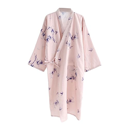 G-LIKE Japanischer Kimono Nachthemd Bademantel – Traditioneller Haori Yukata Stil 100% Baumwolle Frühling Sommer Hauskleid Saunamantel Leicht Dünn Nachtwäsche für Damen Herren (Rosa-Damen, M) von G-LIKE