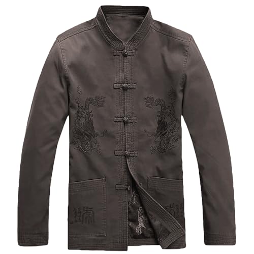 G-LIKE Kampfkunst Kung Fu Jacke - Traditionelle Chinesische Tangzhuang Jacket Herren Kostüme Tai Chi Wing Chun Lange Ärmel Kleidung Uniform Stehkragen Drachen Stickerei (Grau, L) von G-LIKE