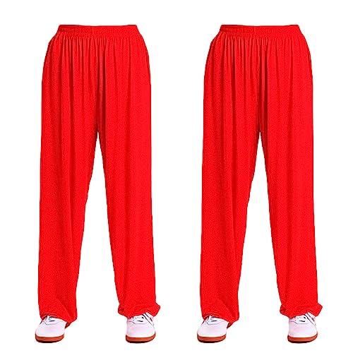 G-LIKE Kampfkunst Tai Chi Trainingshosen – 2 Hosen für Kampfsport Taiji Kung Fu Wushu Yoga Unisex Damen Herren Freizeithose Weite Beine aus Viskose (as3, Alpha, x_l, Regular, Regular, Rot) von G-LIKE