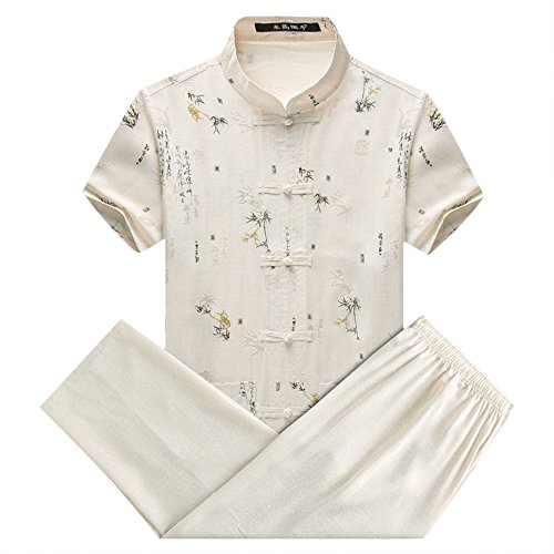 G-LIKE Klassische Kleidung China-Tang Anzug - Traditionelle Chinesische Kostüme Männliche Kampfkunst Tangzhuang Kung Fu Tai Chi Kurzärmelige Jacke Anzüge Hemd Hose Uniform (Bambus-Beige, XL) von G-LIKE