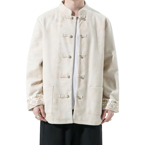 G-LIKE Kunstfell Chinesische Herren Jacke – Traditionelle Retro Hanfu Langärmelige Kleidung Mantel Kostüm Stehkragen Drachen Muster Herbst Winter Samt Uniform Freizeitkleidung für Männer von G-LIKE