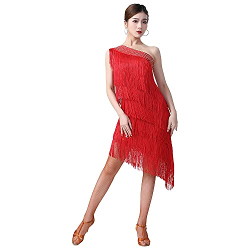 G-LIKE Latein Tanz Kleid Kostüm - Latin Tänze Walzer Tango Jazz Dance Performance Party Salsa Dekoration Accessoire Fransen Rock Wettbewerb Ball Trikot Tanzkleid für Damen Mädchen (Rot) von G-LIKE