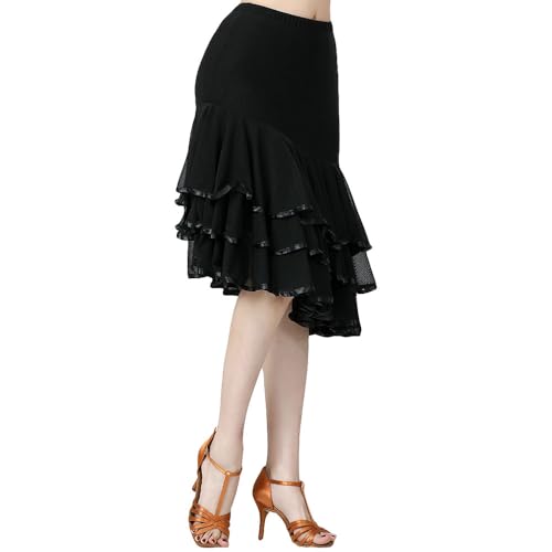 G-LIKE Latin Damen Tanzrock Tanzkleid – Latein Tänze Walzer Tango Jazz Salsa Rumba Modern Dance Performance Party Kostüm Schräg Mehrschichtig Mesh Midirock für Frauen Mädchen von G-LIKE