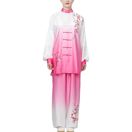 G-LIKE Tai Chi Stickerei Trainingsanzug – Traditionelle Chinesische Kampfkunst Taiji Kung Fu Wing Chun Frühling Sommer Wettkampf Langarm Uniform Farbverlauf Anzug für Damen Herren (Rosakragen, M) von G-LIKE