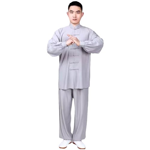 G-LIKE Tai Chi Uniform Anzug - Traditionelle Kampfkunst Taiji Kung Fu Qigong Wushu Wing Chun Shaolin Training Klassische Kleidung Lange Ärmel für Männer Frauen - Baumwolle Leinen (Hellgrau, XL) von G-LIKE