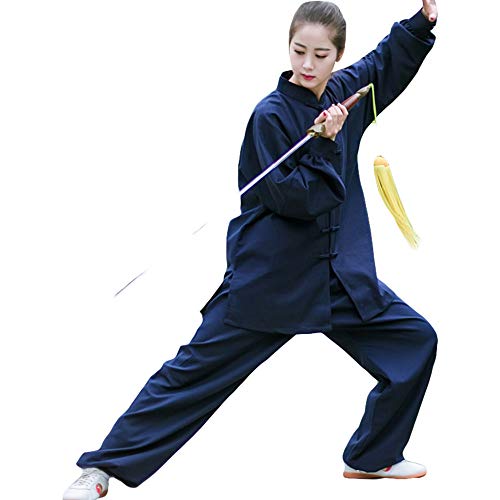 G-LIKE Tai Chi Uniform Anzug - Traditionelle Kampfkunst Taiji Kung Fu Qigong Wushu Wing Chun Shaolin Training Klassische Kleidung Lange Ärmel für Männer Frauen - Baumwolle Leinen (Marineblau, L) von G-LIKE