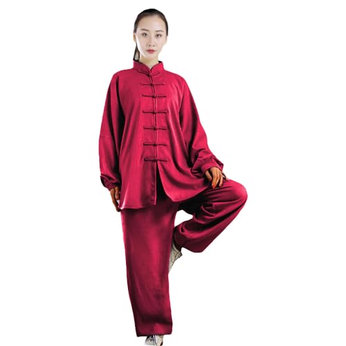 G-LIKE Tai Chi Uniform Anzug - Traditionelle Kampfkunst Taiji Kung Fu Qigong Wushu Wing Chun Shaolin Training Klassische Kleidung Lange Ärmel für Männer Frauen - Baumwolle Leinen (Rot, XXL) von G-LIKE