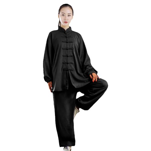G-LIKE Tai Chi Uniform Anzug - Traditionelle Kampfkunst Taiji Kung Fu Qigong Wushu Wing Chun Shaolin Training Klassische Kleidung Lange Ärmel für Männer Frauen - Baumwolle Leinen (Schwarz, L) von G-LIKE