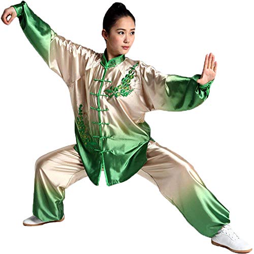 G-LIKE Tai-Chi Uniform Damen Anzug - Chinesische Kampfkunst Taiji Wushu Wing Chun Shaolin Kung Fu Training Kleidung Farbverlauf Farbübergang Lange Ärmel Set (Gruen&Beige, M) von G-LIKE