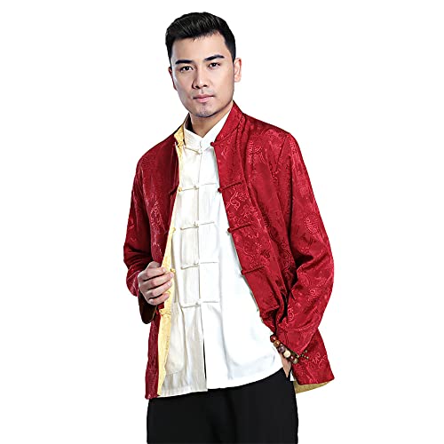 G-LIKE Zweiseitige Chinesische Herren Jacke – Traditionelle Kampfkunst Kung Fu Tai Chi Uniform Langarm Kleidung Kostüm Freizeitkleidung für Männer (as3, Alpha, m, Regular, Regular, RotGelb) von G-LIKE