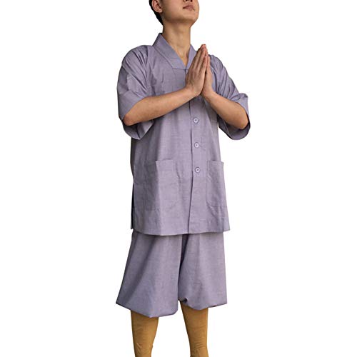 G-LIKE Buddisten Mönche Laien Kostüm - Chinesische Traditionelle Buddhistische Taoistische Kleidung Kampfkunst Shaolin Kung Fu Wushu Kurzärmelige Robe Stehkragen Uniform Sommer Anzug (Grau, S) von G-LIKE