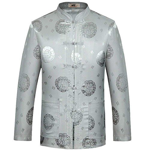 G-LIKE Chinesische Kleidung Tang-Stil Jacke - Traditionelle Tangzhuang Kostüme Jacket Farben Kampfkunst Kung Fu Tai Chi Lange Ärmel Oberhemd Outfit Uniform für Männer Frauen - Brokat (Grau, XL) von G-LIKE