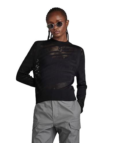 G-STAR RAW Damen Pointelle Text Knitted Pullover, Schwarz (dk black D23924-B754-6484), XS von G-STAR RAW