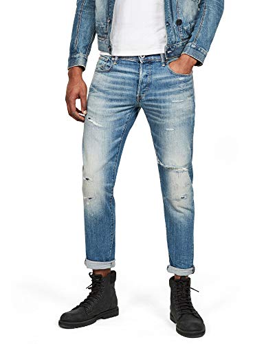 G-STAR RAW Herren 3301 Slim Fit Jeans, Blau (worn in ripped blue faded 51001-B767-B190), 31W / 36L von G-STAR RAW