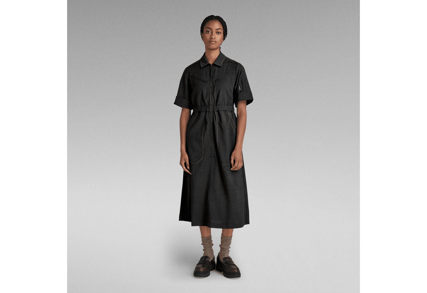 G-STAR Jeanskleid Damen Lang Flight Suit Holiday Dress DK Black Htr Größe: S (1-tlg) Hemdkragen von G-STAR