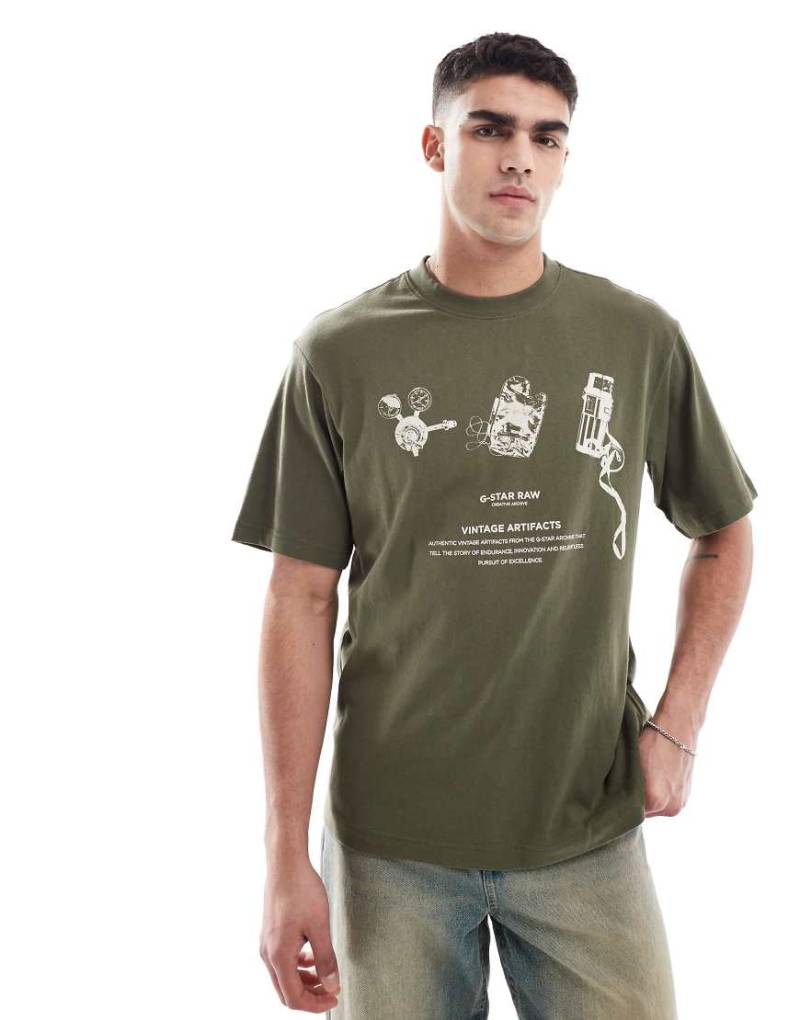 G-Star - Archive - Oversize-T-Shirt in Khaki mit Print auf Brust und Rücken-Grün von G-Star