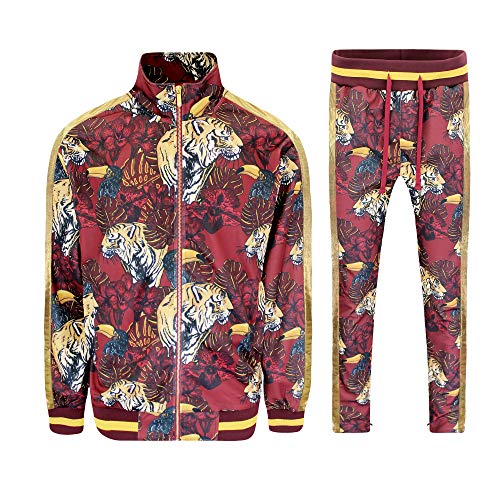 G-Style USA Herren-Trainingsanzug mit seitlichem Reißverschluss, Kordelzug, Bund, Floral Tiger Burgund, Medium von G-Style USA