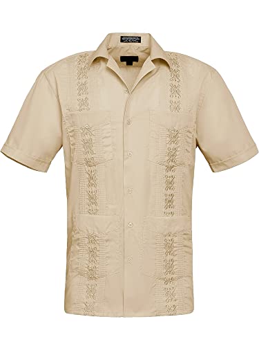 Guayabera Herren Premium leicht bestickt Plissee kubanisches Hemd - Braun - Groß von G-Style USA