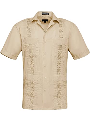 Herren Guayabera Premium Leicht Besticktes Plissee Cuban Shirt, Khaki, 3X-Groß von G-Style USA