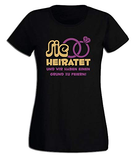 G-graphics Damen T-Shirt Ich heirate & Sie heiratet - und wir haben einen Grund zu feiern Junggesellinnen-Abschied 258.007 (L, Motiv Begleitung (schwarz)) von G-graphics