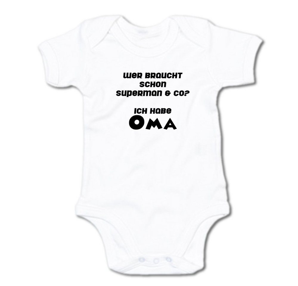 G-graphics Kurzarmbody Wer braucht schon Superman & co? Ich habe Oma Baby Body mit Spruch / Motiv / Aufdruck • für/von Oma & Opa von G-graphics