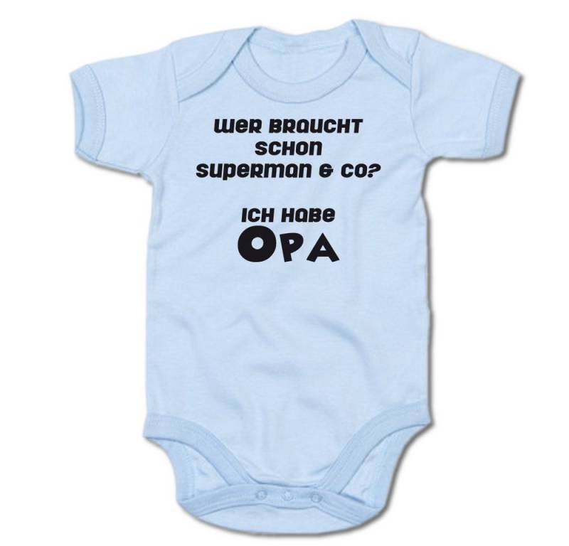 G-graphics Kurzarmbody Wer braucht schon Superman & co? Ich habe Opa Baby Body mit Spruch / Motiv / Aufdruck • für/von Oma & Opa von G-graphics