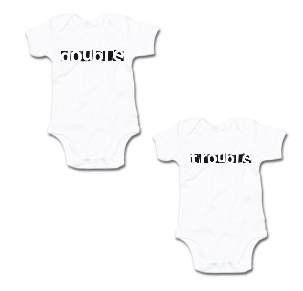 G-graphics Kurzarmbody Double & Trouble (Zwillingsset / Twinset, 2-tlg., Baby-Body-Set) für Zwillinge / Twins mit Sprüchen von G-graphics