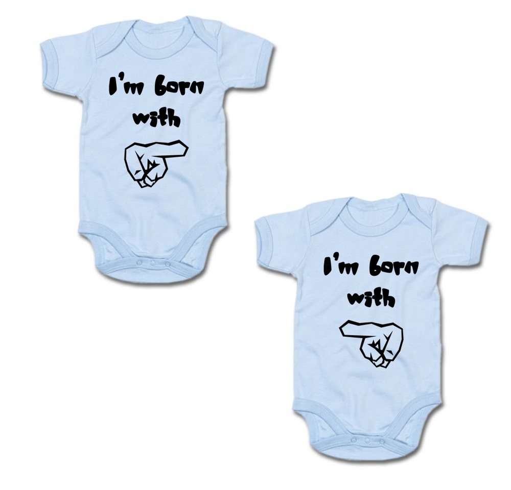 G-graphics Kurzarmbody I´m born with (Zwillingsset / Twinset, 2-tlg., Baby-Body-Set) für Zwillinge / Twins mit Sprüchen von G-graphics