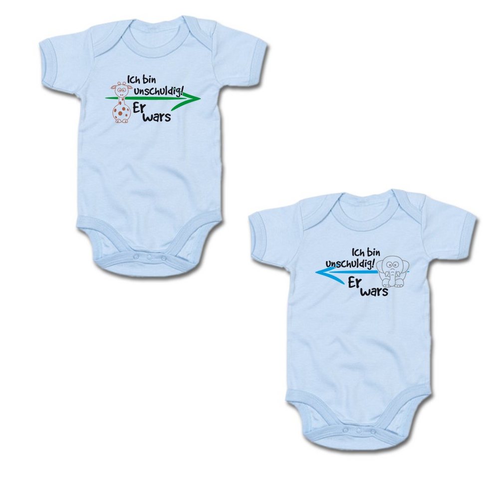 G-graphics Kurzarmbody Ich bin unschuldig! – Er wars & Er wars (Zwillingsset / Twinset, 2-tlg., Baby-Body-Set) für Zwillinge / Twins mit Sprüchen von G-graphics