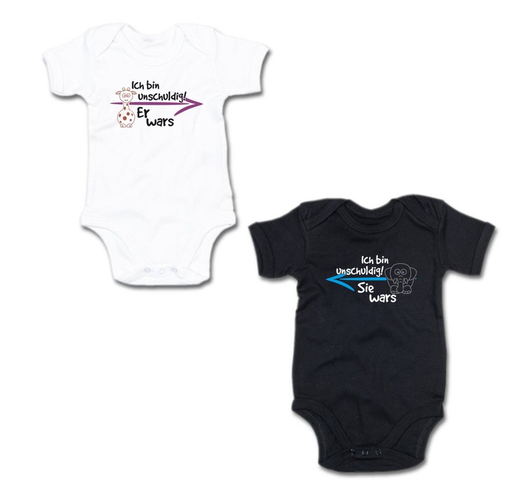 G-graphics Kurzarmbody Ich bin unschuldig! – Er wars & Sie wars (Zwillingsset / Twinset, 2-tlg., Baby-Body-Set) für Zwillinge / Twins mit Sprüchen von G-graphics