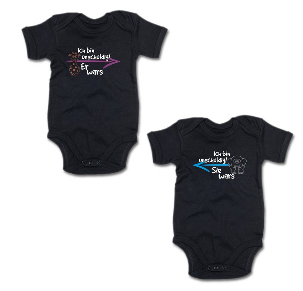 G-graphics Kurzarmbody Ich bin unschuldig! – Er wars & Sie wars (Zwillingsset / Twinset, 2-tlg., Baby-Body-Set) für Zwillinge / Twins mit Sprüchen von G-graphics