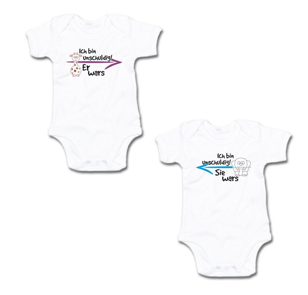 G-graphics Kurzarmbody Ich bin unschuldig! – Er wars & Sie wars (Zwillingsset / Twinset, 2-tlg., Baby-Body-Set) für Zwillinge / Twins mit Sprüchen von G-graphics